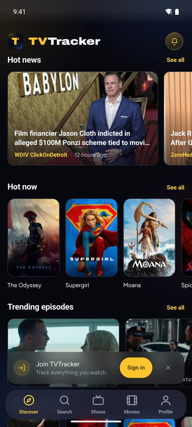 TVTracker on Android: the Discover screen.