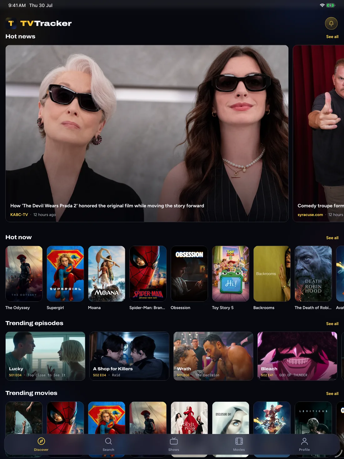 TVTracker on iPad: the Discover screen with news, trending films and episodes.